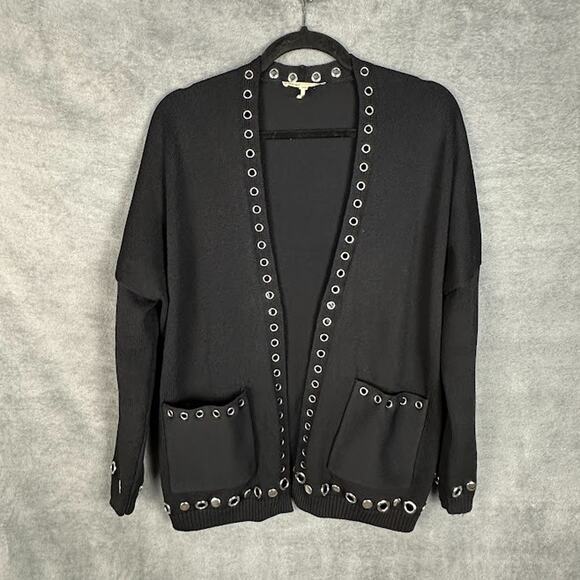 Maje Sweater Womens 1 US Small Black Cardigan Metallica Grommet Pockets Rock - Picture 2 of 14